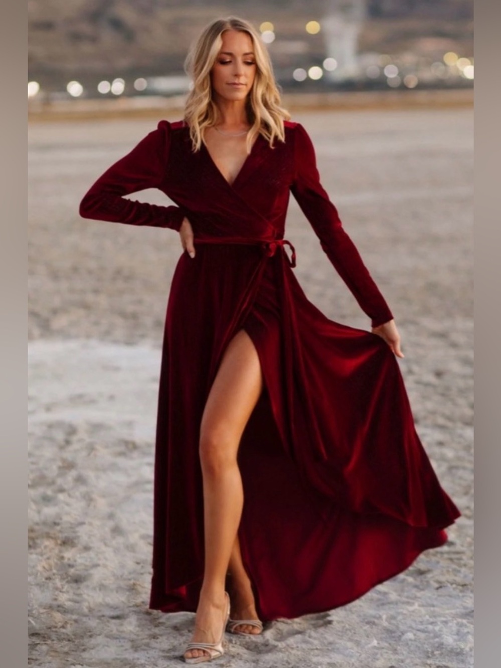 Baltic Born | Serena Shimmer Velvet Wrap maxi Dress women’s size S high-low hem
